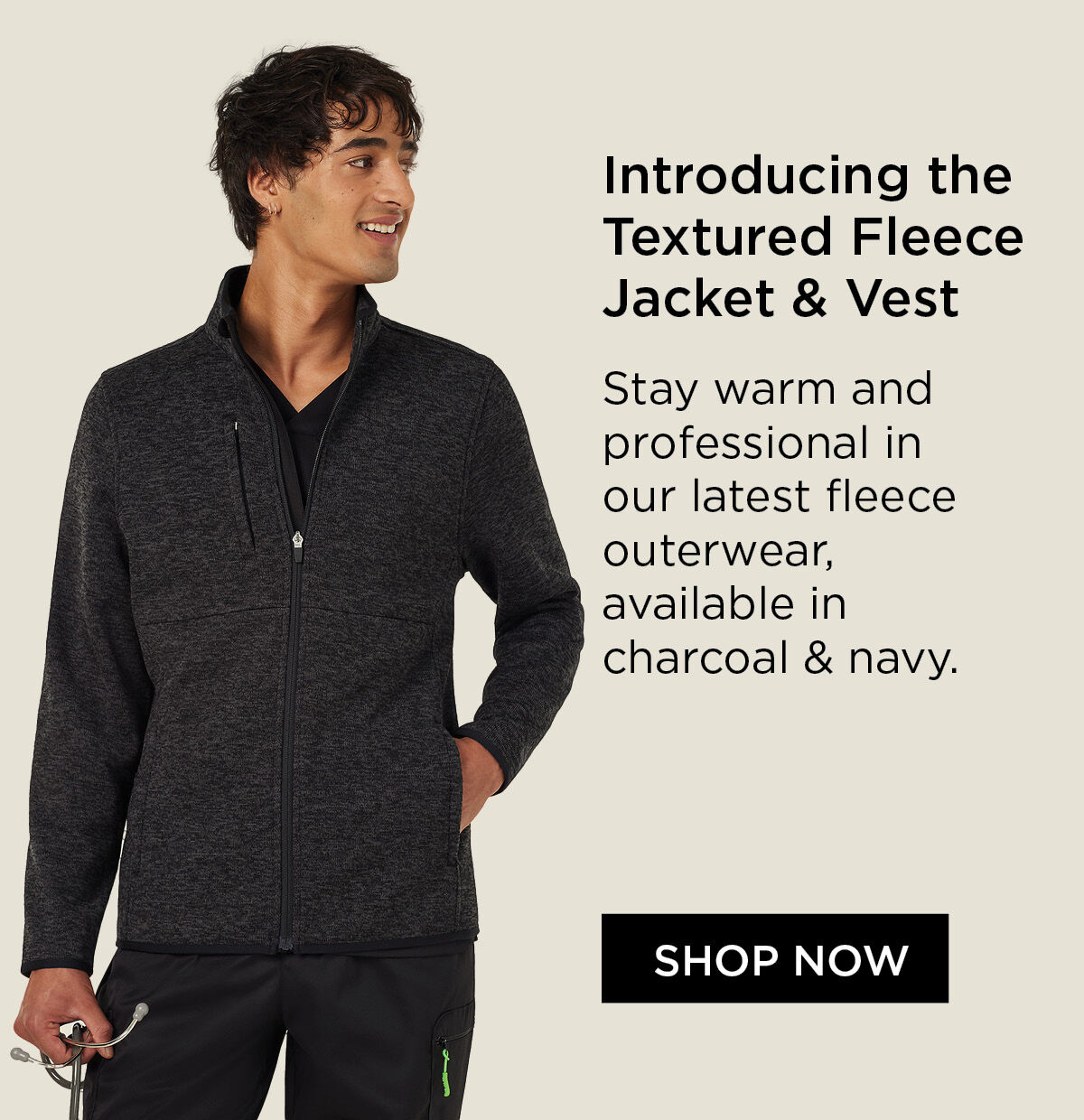 Introducing the Textured Fleece Jacket & Vest - Stay warm and professional in our latest fleece outerwear, available in charcoal and navy