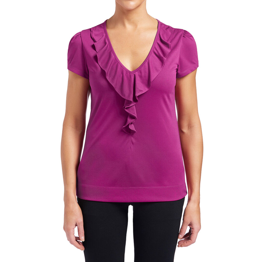 Matt Jersey Cap Sleeve Ruffle Neck T-Top