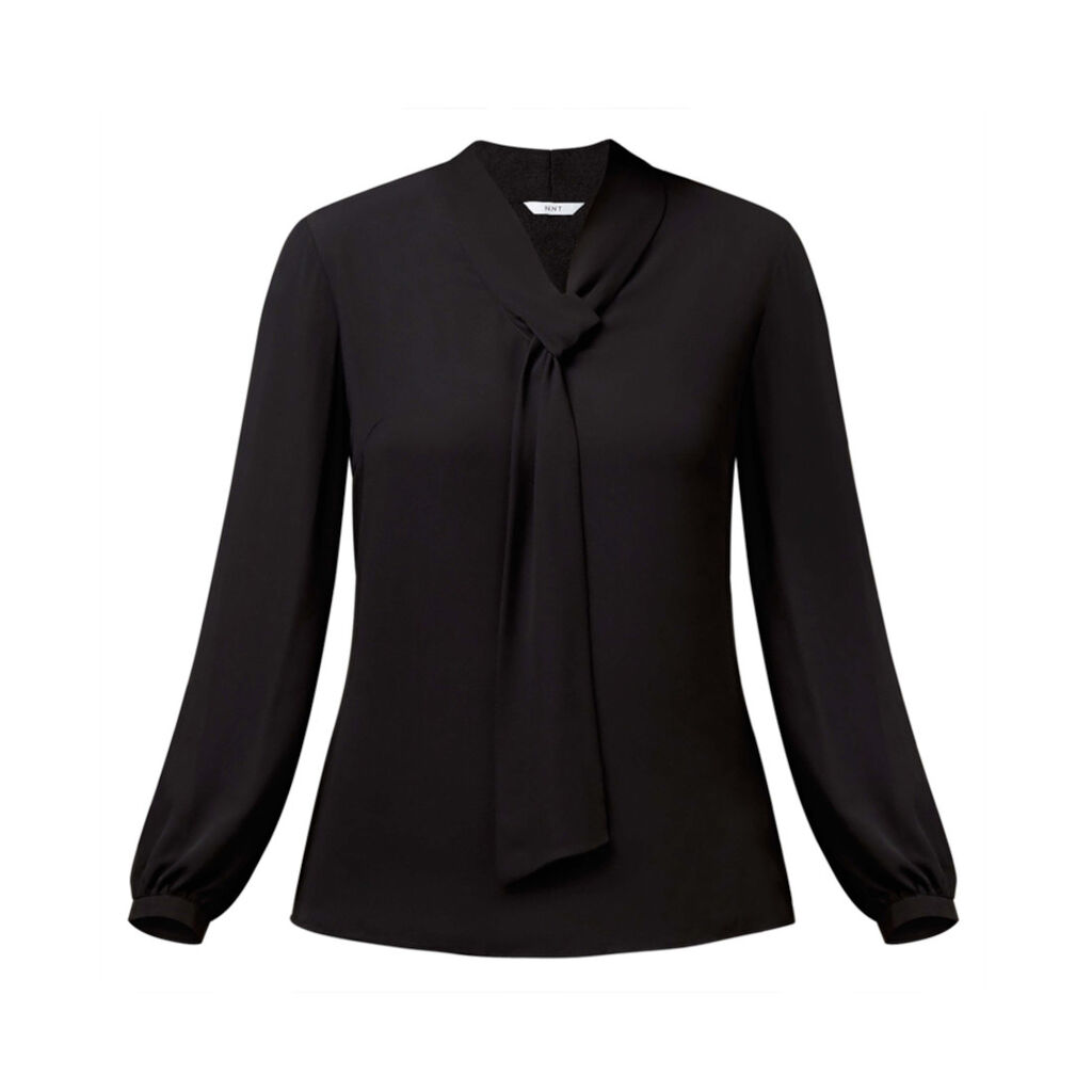 Long Sleeve Tie Neck Blouse Soft Georgette, black