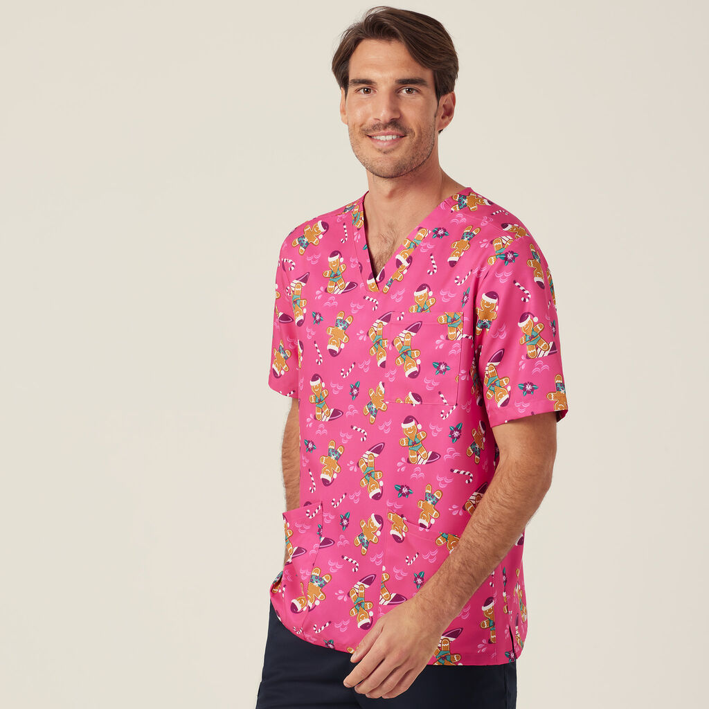 Festive Gingerbread Surfer Print Scrub Top