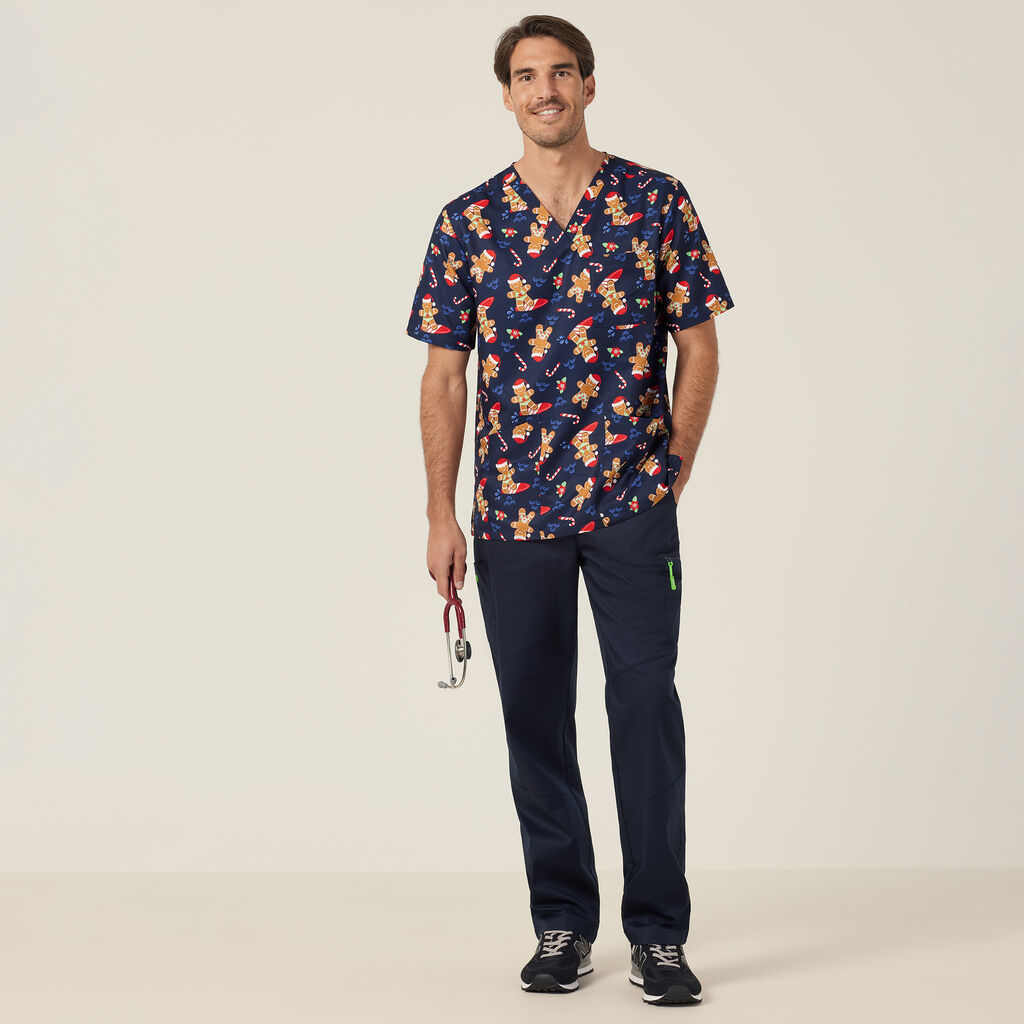 Festive Gingerbread Surfer Print Scrub Top