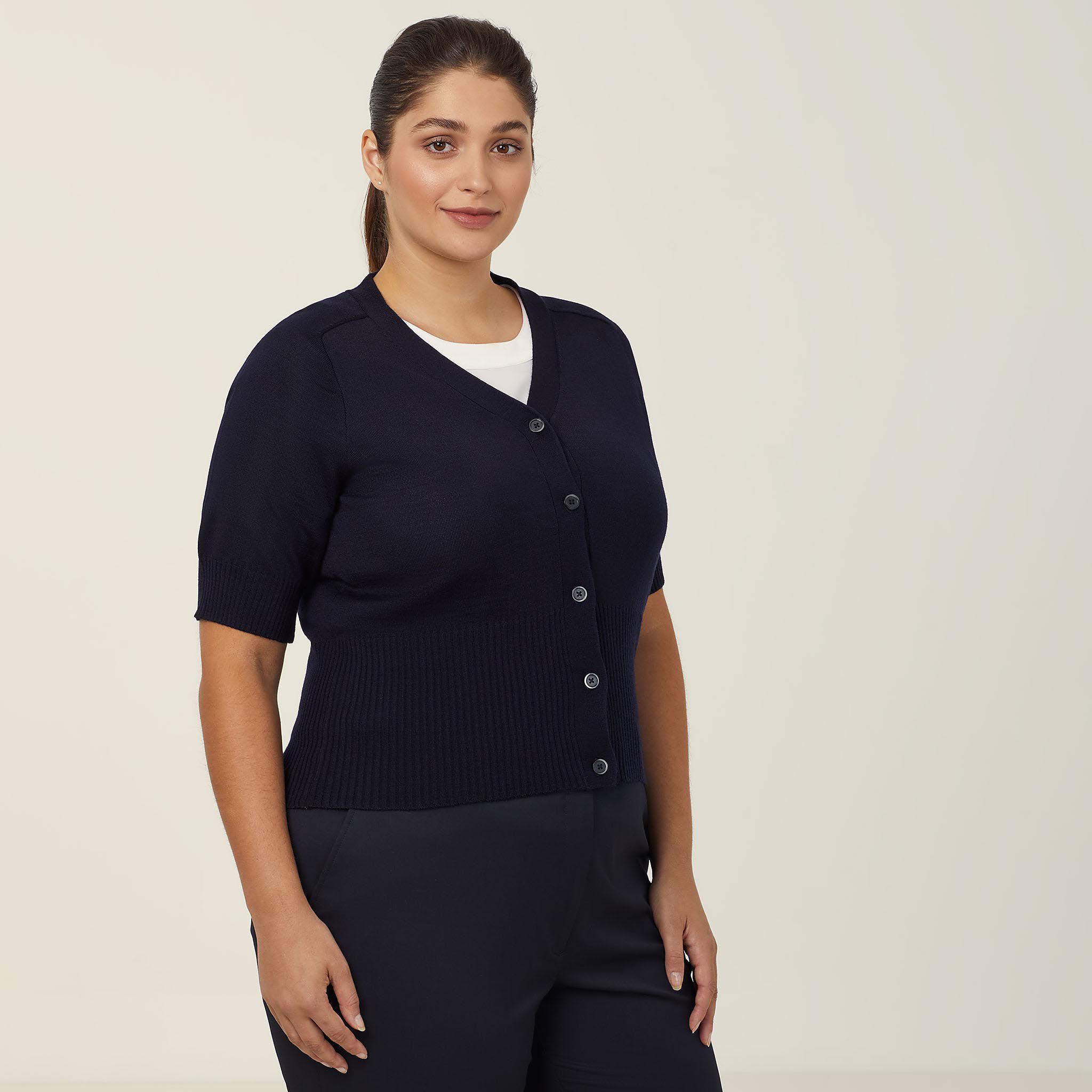 Short Sleeve Rib Cardigan, navy | NNT 