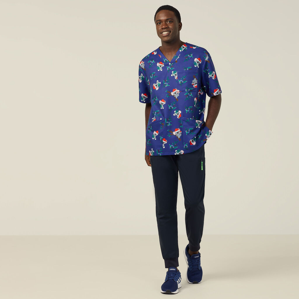 Festive Santa Koala Print Scrub Top