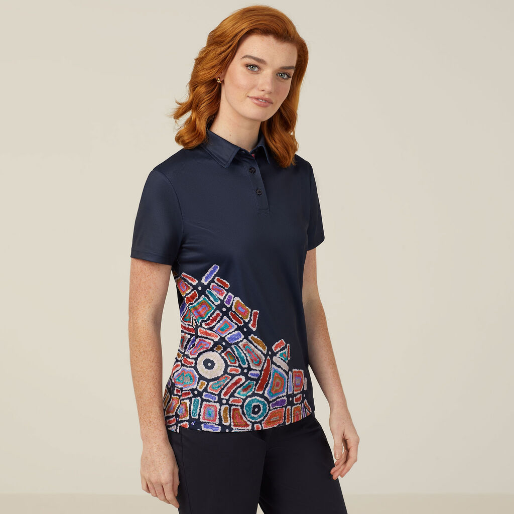 Polyester Knit Water Dreaming Indigenous Print Polo