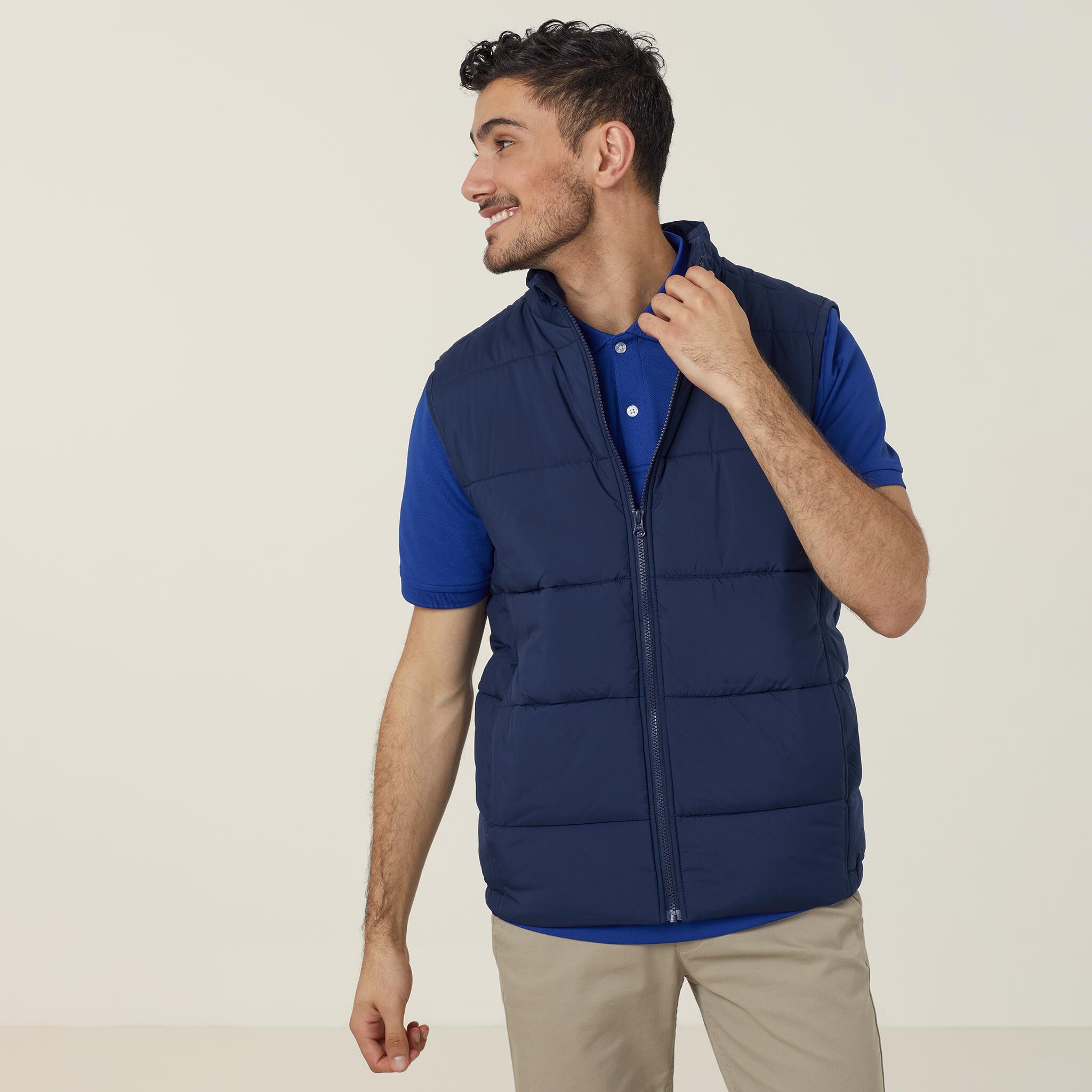 blue puffy vest
