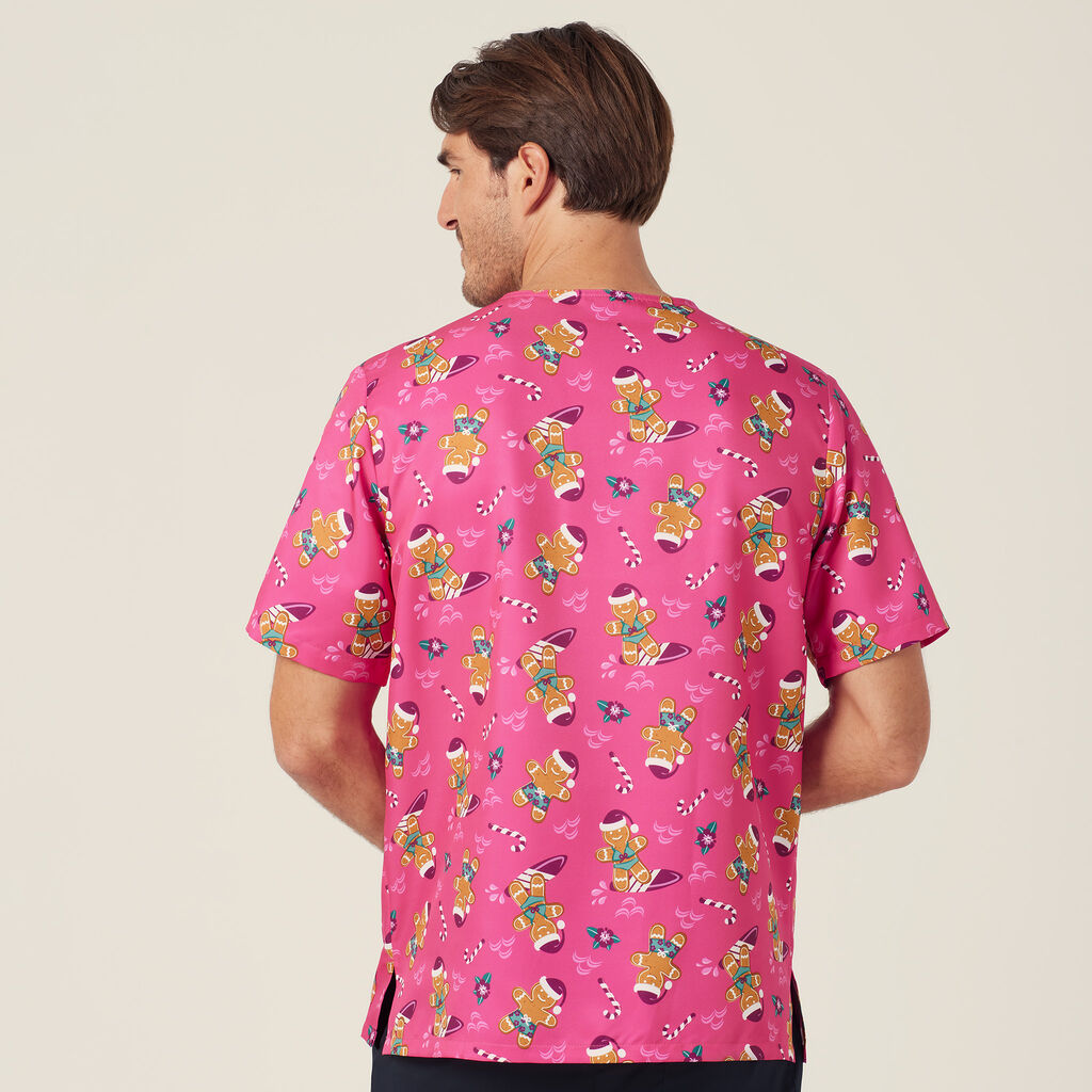 Festive Gingerbread Surfer Print Scrub Top