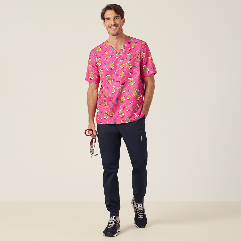 Festive Gingerbread Surfer Print Scrub Top