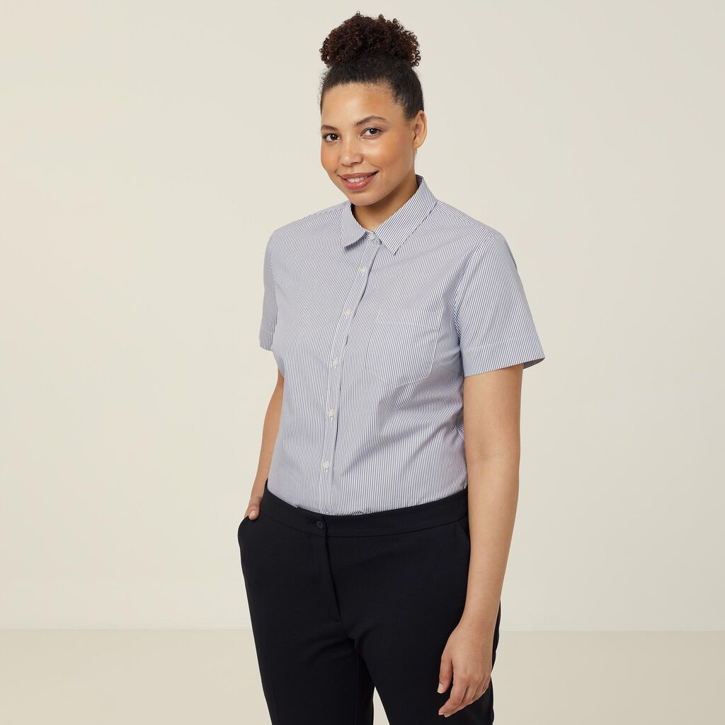 Avignon Fine Block Stripe Stretch Short Sleeve Slim Shirt