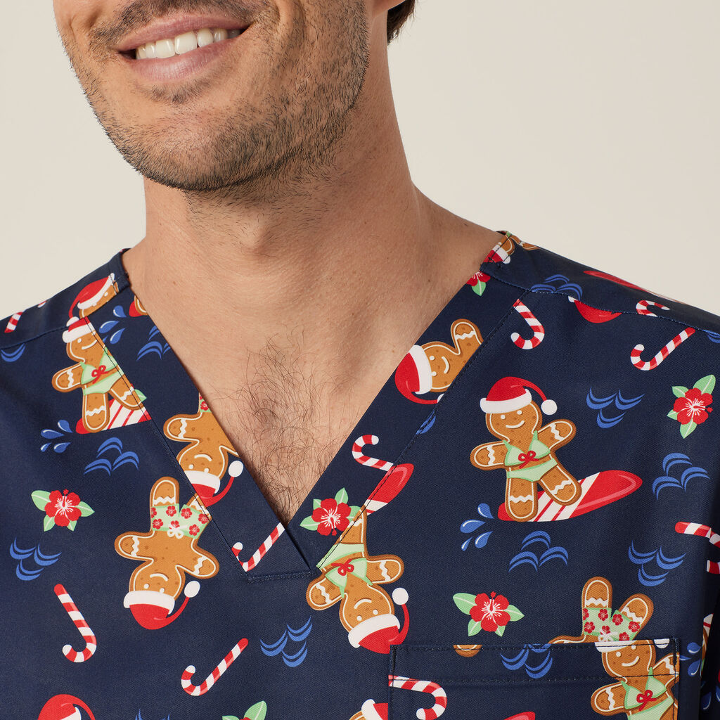 Festive Gingerbread Surfer Print Scrub Top