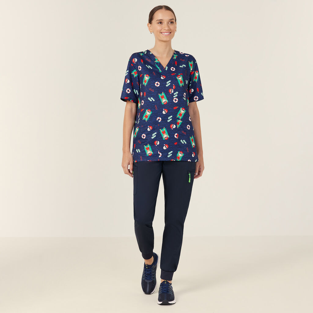 Festive Santa Pool Party Scrub Top