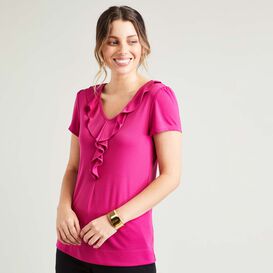 Matt Jersey Cap Sleeve Ruffle Neck T-Top