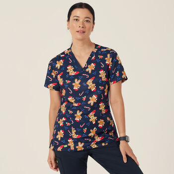 Xmas Gingerbread Surfer Print Scrub Top