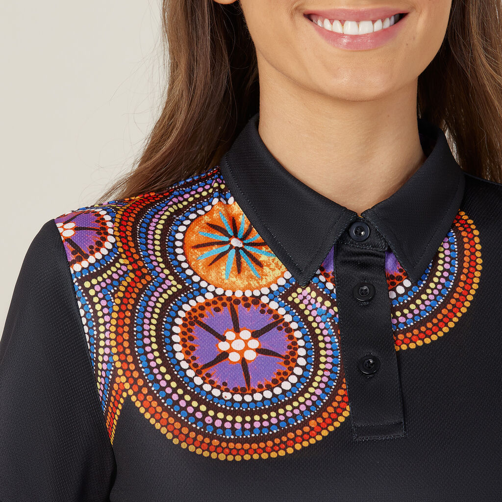 Polyester Knit Bush Tucker Indigenous Print Polo