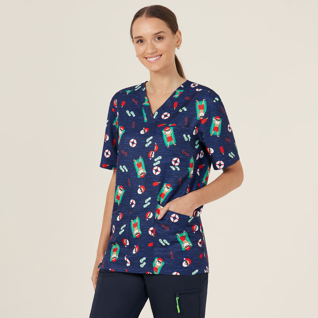 Festive Santa Pool Party Scrub Top