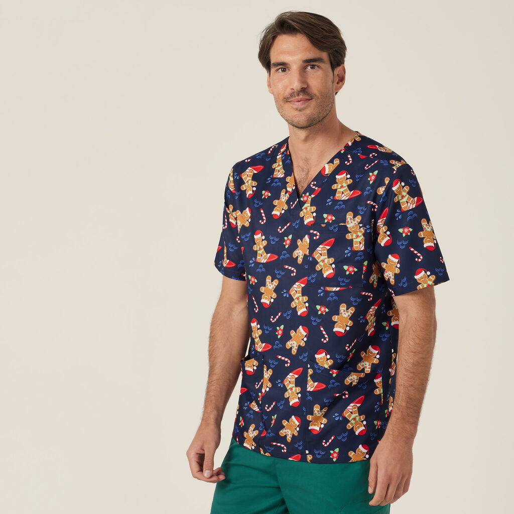 Festive Gingerbread Surfer Print Scrub Top