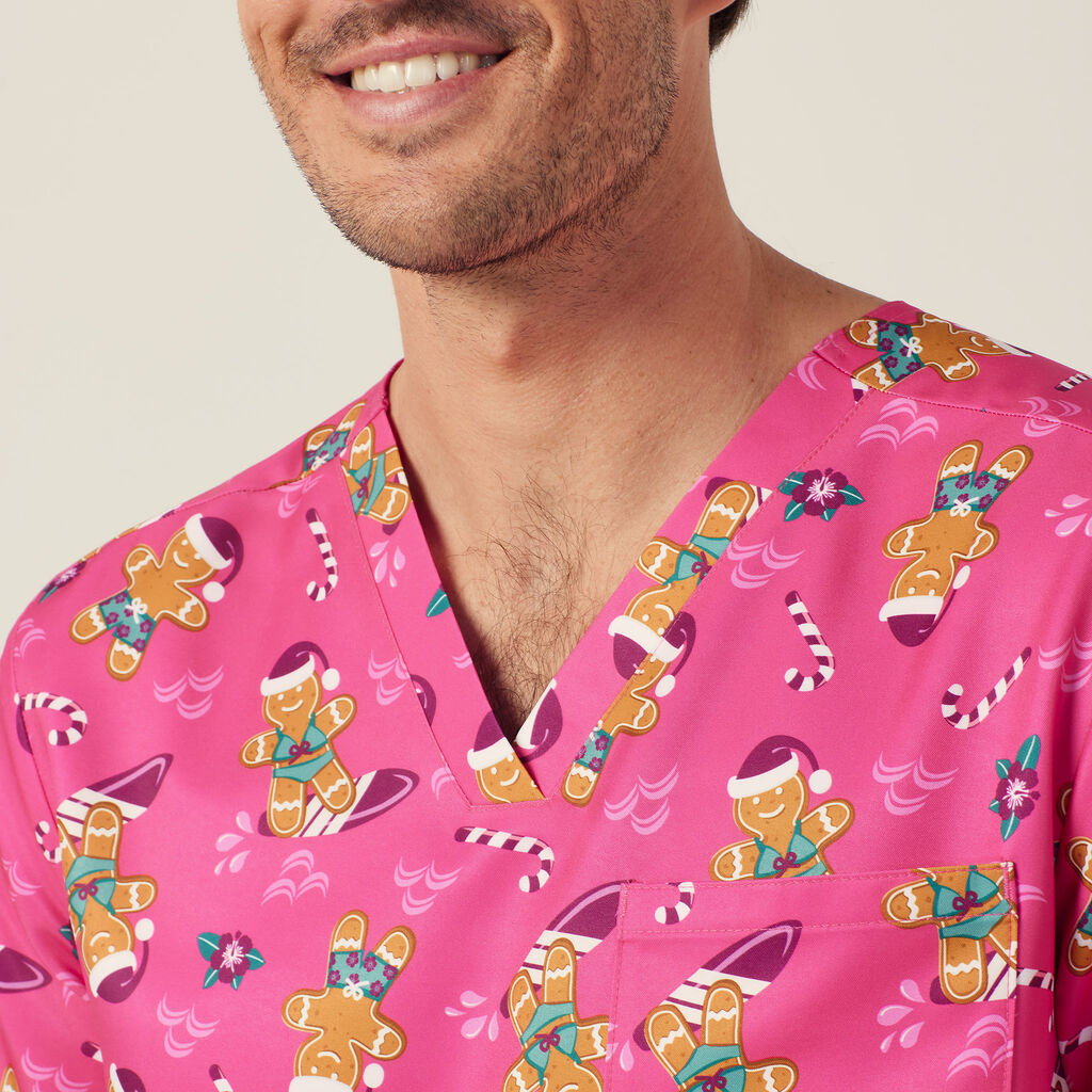 Festive Gingerbread Surfer Print Scrub Top
