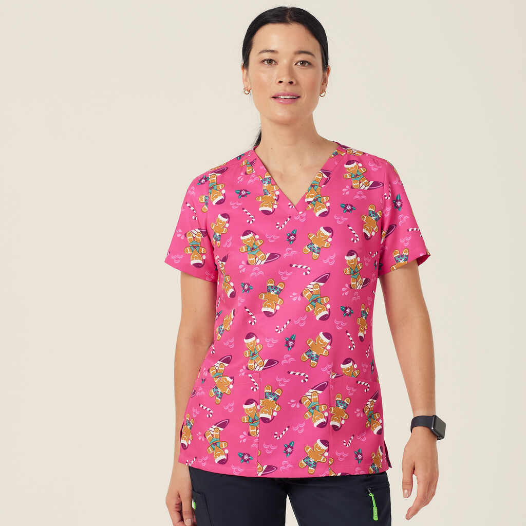 Xmas Gingerbread Surfer Print Scrub Top