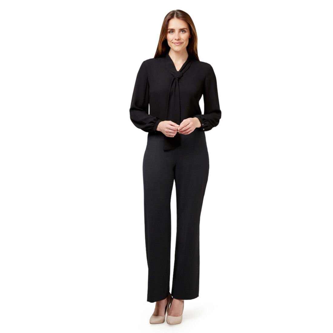 Long Sleeve Tie Neck Blouse Soft Georgette, black | NNT Uniforms