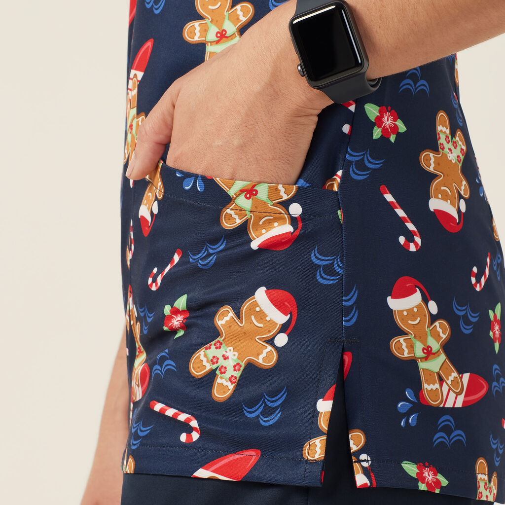 Xmas Gingerbread Surfer Print Scrub Top
