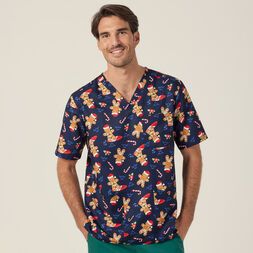 Festive Gingerbread Surfer Print Scrub Top