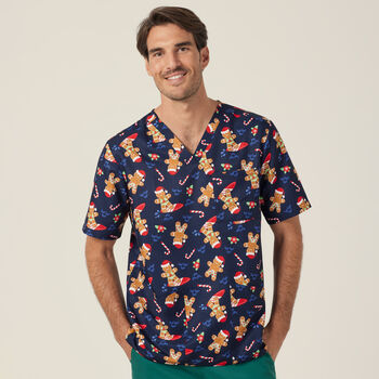 Festive Gingerbread Surfer Print Scrub Top