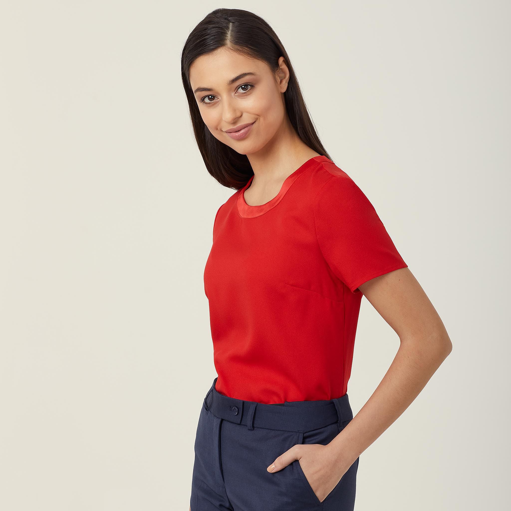 Satin Back Crepe Short Sleeve Top, red 