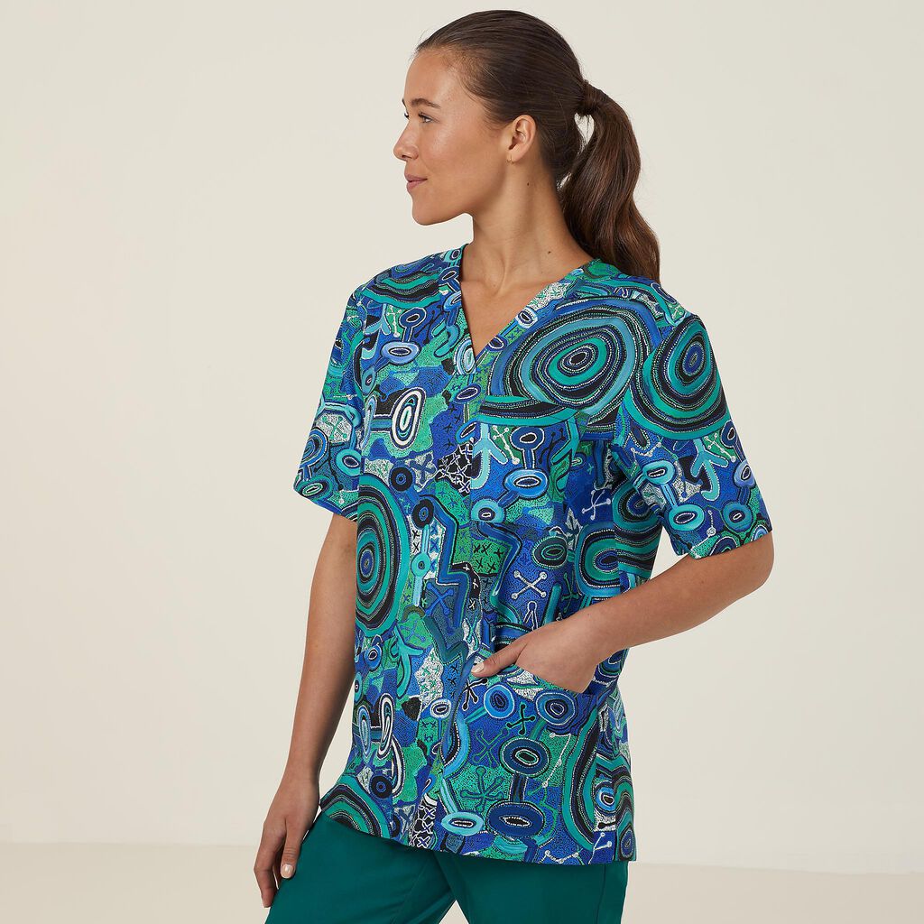 Polyester Print Warlu Indigenous Scrub Top, green