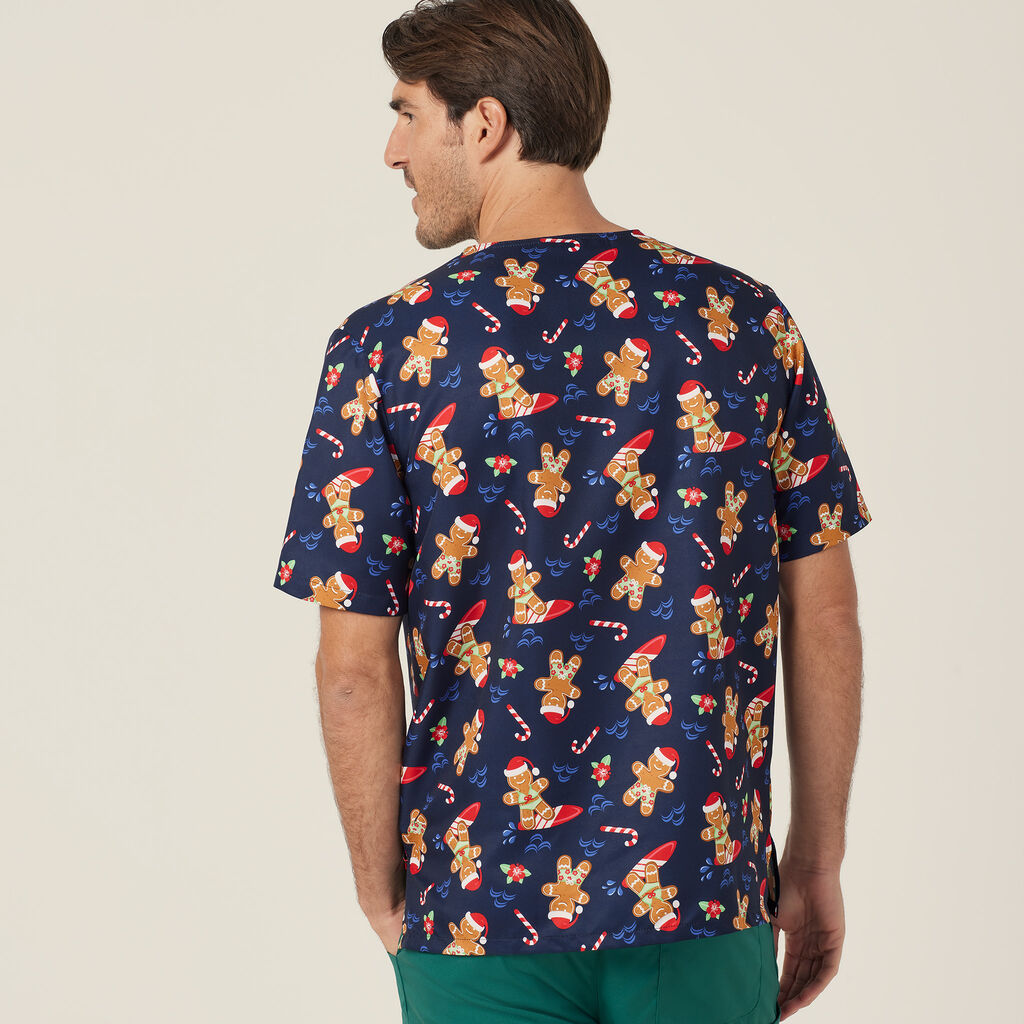 Festive Gingerbread Surfer Print Scrub Top