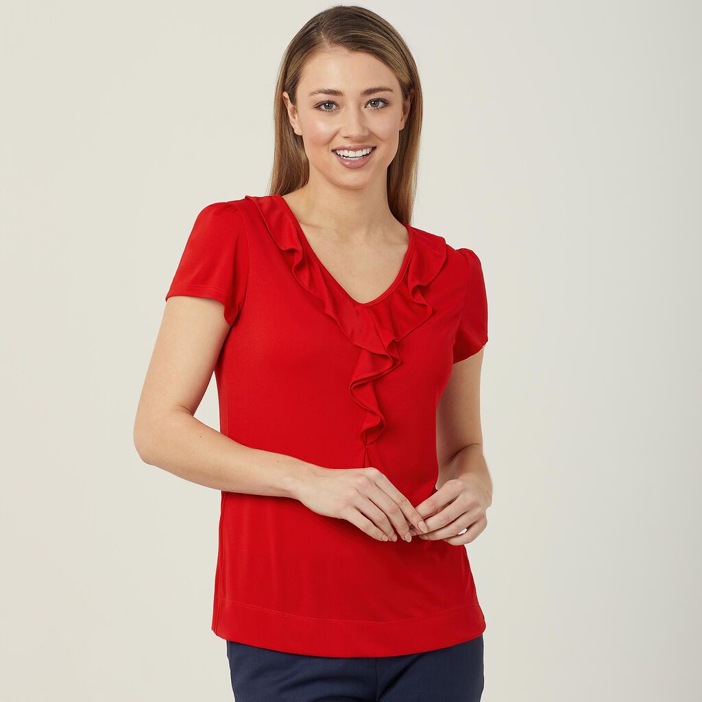 Matt Jersey Cap Sleeve Ruffle Neck T-Top