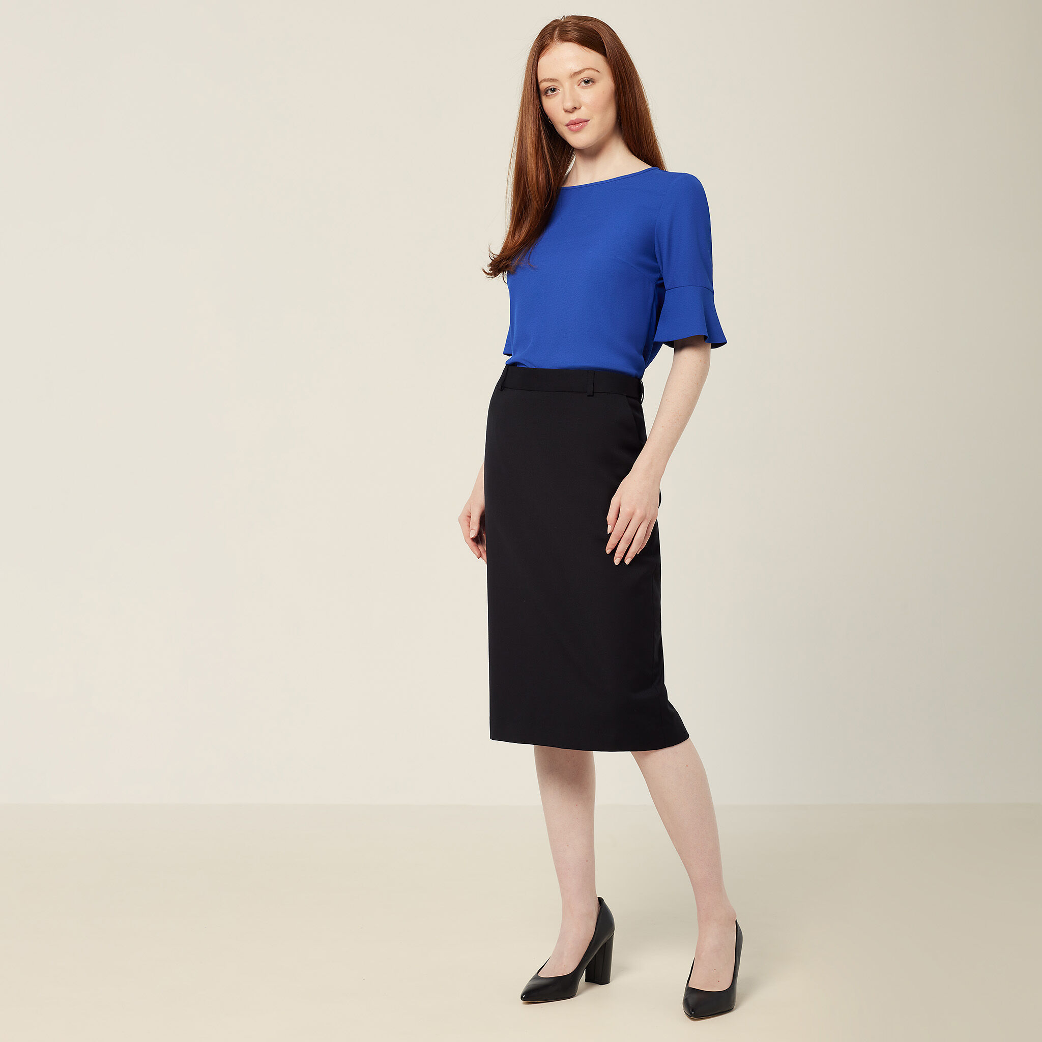Wool Blend Twill Secret Waist Midi Skirt