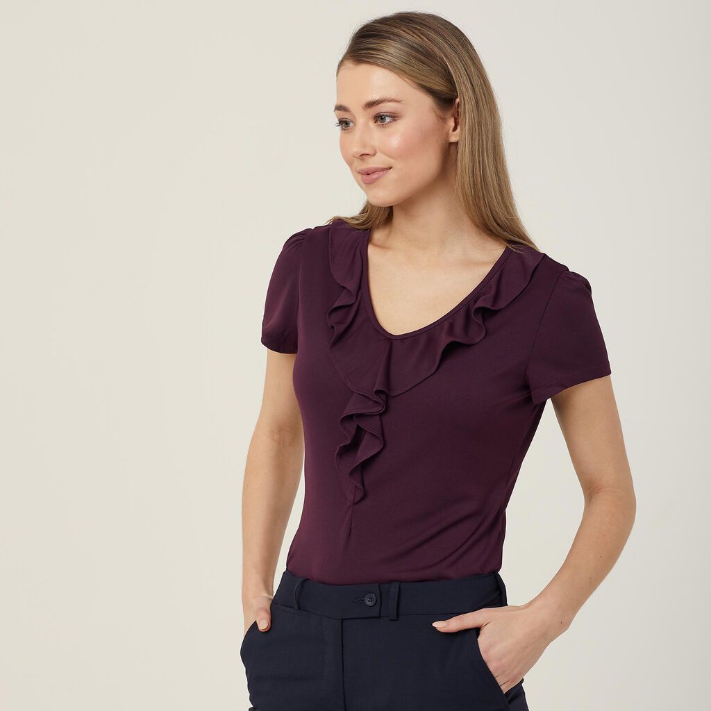 Matt Jersey Cap Sleeve Ruffle Neck T-Top