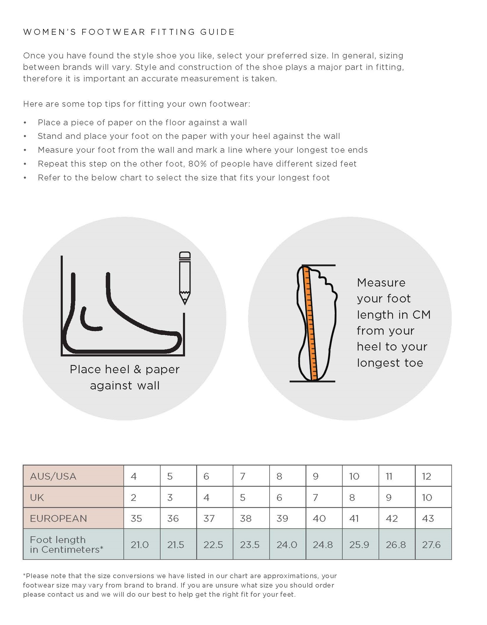 NNT Shoe Size Chart
