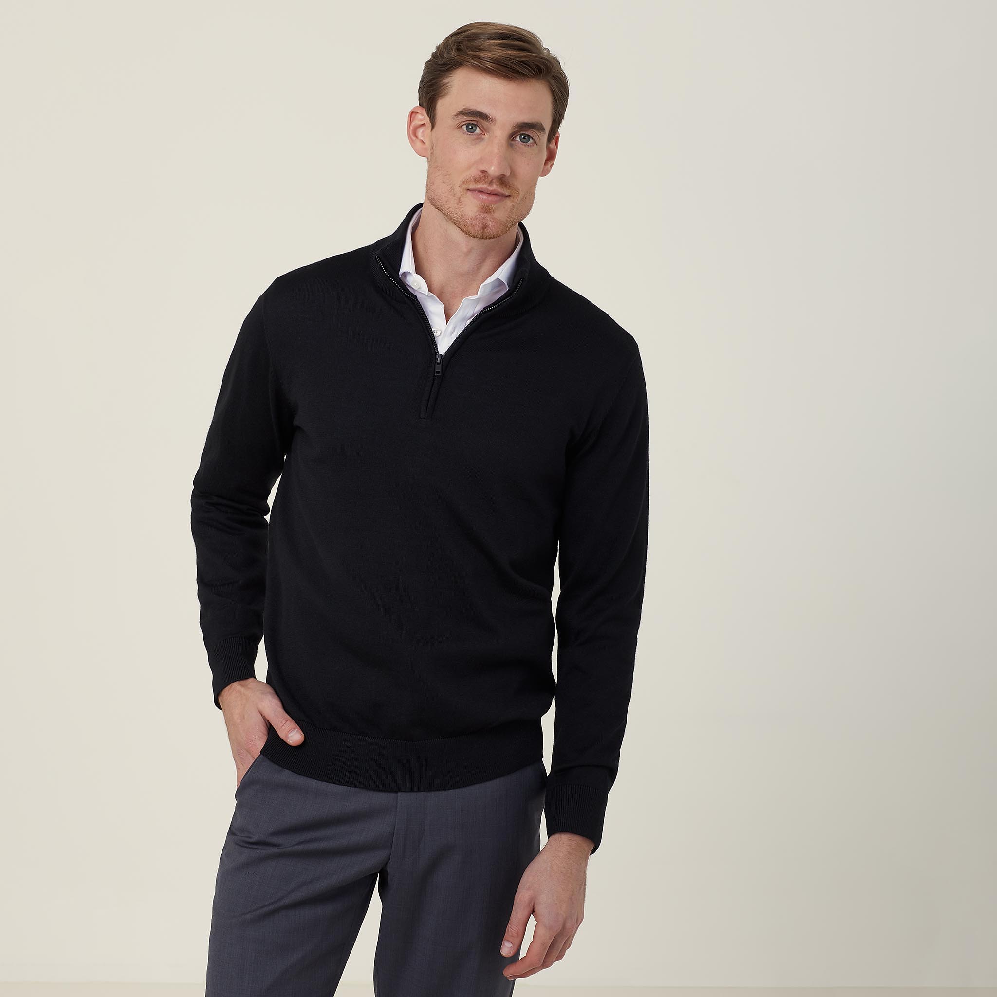 Trevira® Wool Blend Long Sleeve Zip Neck Jumper, black | NNT Uniforms