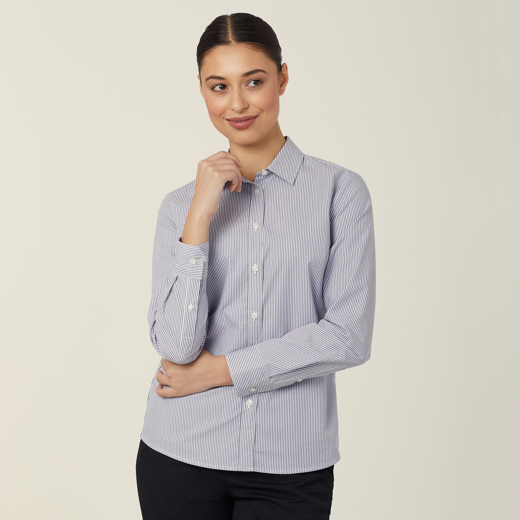 Avignon Fine Block Stripe Stretch Long Sleeve Shirt, grey | NNT Uniforms