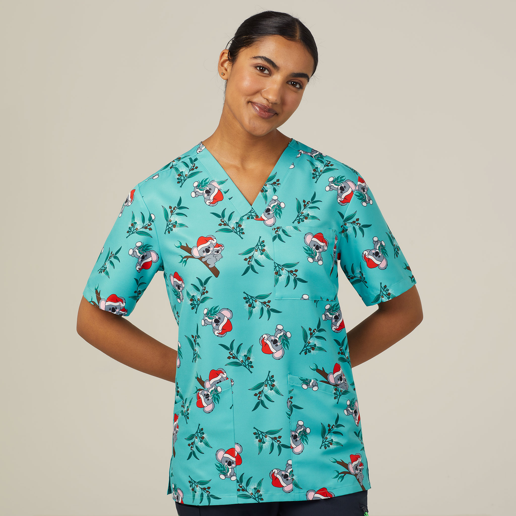 Polyester Print Santa Koala Scrub Top, green NNT Uniforms