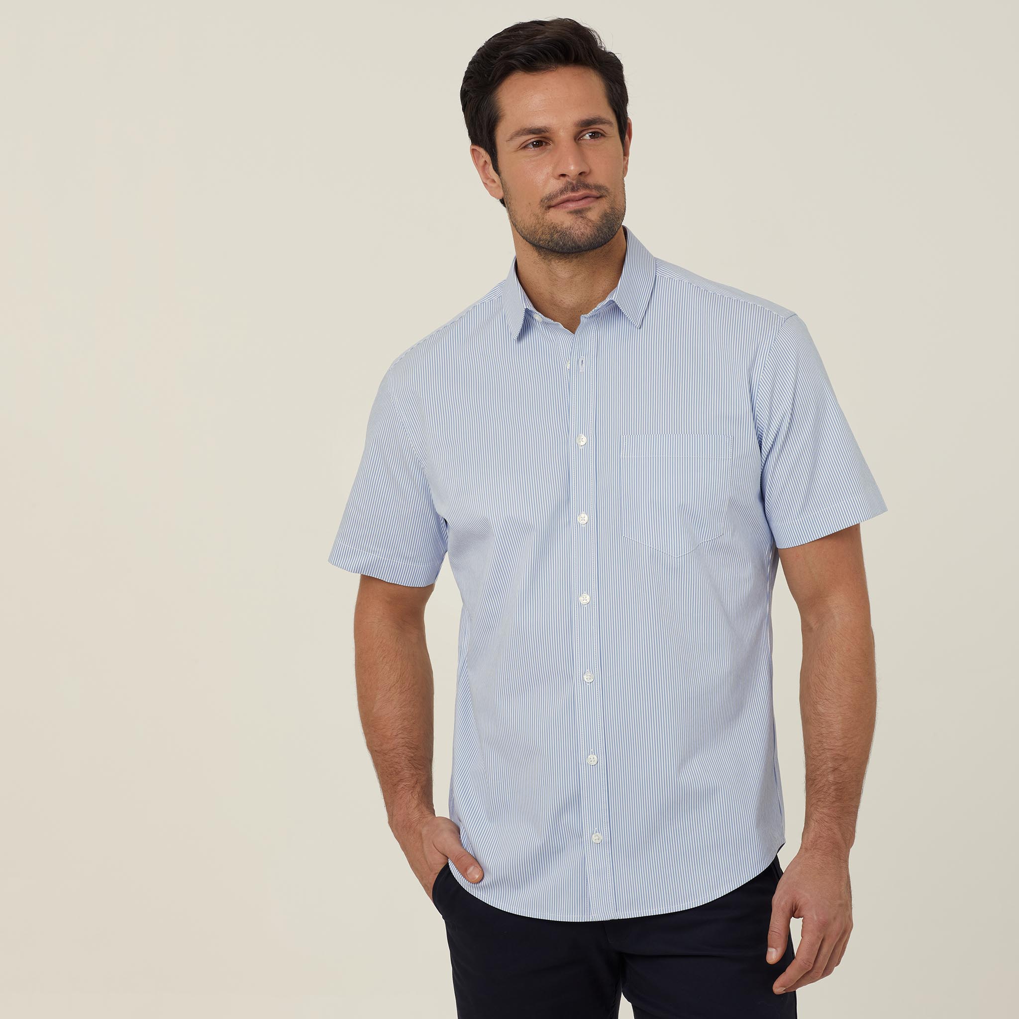 Avignon Fine Block Stripe Stretch Short Sleeve Shirt, blue | NNT Uniforms
